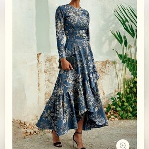 Maxi Linen Dress, Long Sleeves, Round Neck, Floral, Ruffles, Vintage, Deep Blue